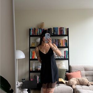 Black Slip silk Dress with Lace Trim Aritzia